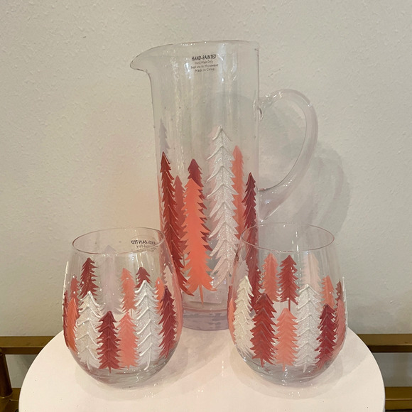 Set Of 2 Stemless Wine Glasses Hand Painted Pink and White Christmas Tree New - Picture 7 of 8